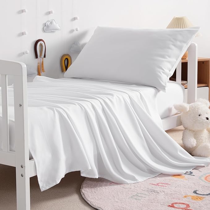 NTBAY Toddler Sheet Set - 3-Piece Microfiber Crib Sheet Set - Flat Sheet, Fitted Sheet, Pillowcase - Solid Toddler Bedding, White