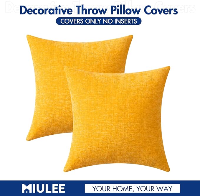 MIULEE Pack of 2 Couch Throw Pillow Covers 16x16 Inch Soft Goose Yellow Chenille Pillow Covers for Sofa Living Room Spring Home Decor Couch Solid Dyed Cases