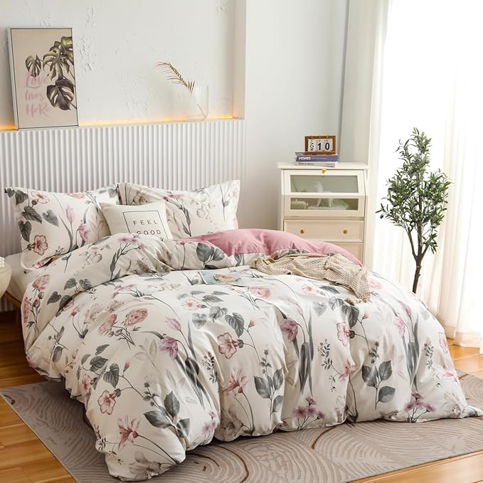 OAITE Duvet Cover Set King Size Floral Pattern 600 Thread Count Ultra Soft 100% Long Staple Cotton Duvet Cover Sets 3-PC, Breathable Duvet Cover with Zipper Closure & Corner Ties