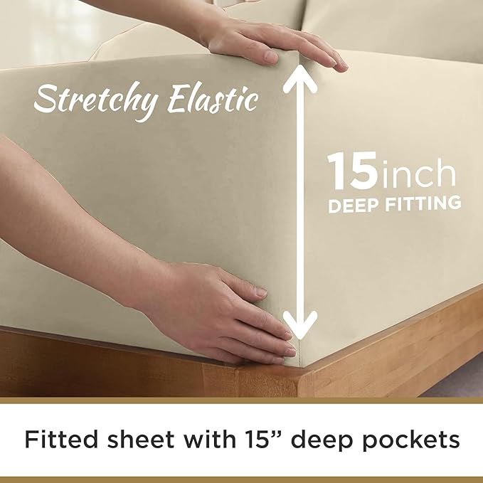 Full XL 100% Microfiber Double Brushed Sheet Set - Extra-Soft, Breathable & Wrinkle-Free - 15" Deep Pockets, 54" x 80" - Ideal for Extra Long Full Beds - 4PC Set (Full XL, Beige)