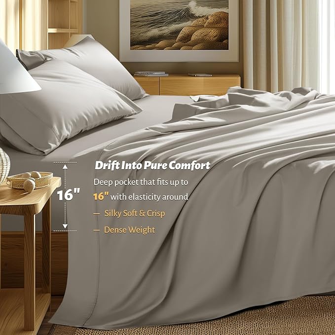 Shilucheng 100% Egyptian Cotton Sheets Set - 1000 Thread Count，Luxury Cotton Bed Sheets，Breathable & Cooling Bedding and Pillow Cases, 16 Inch Deep Pocket - 4 Piece (Taupe, Full)