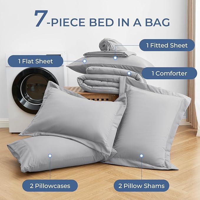 Sasttie Full Size Comforter Sets, 7 Pieces Bed in a Bag Full, Complete Bedding Set Includes Comforter, Flat Sheet, Fitted Sheet, Pillowcases and Pillow Shams, Light Grey