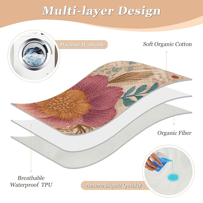 Waterproof Bed Pad Reusable Changing Pad Toddler Mattress Protector Large Pee Pad Baby Diaper Pad Soft Washable Liner Vintage Pink Boho