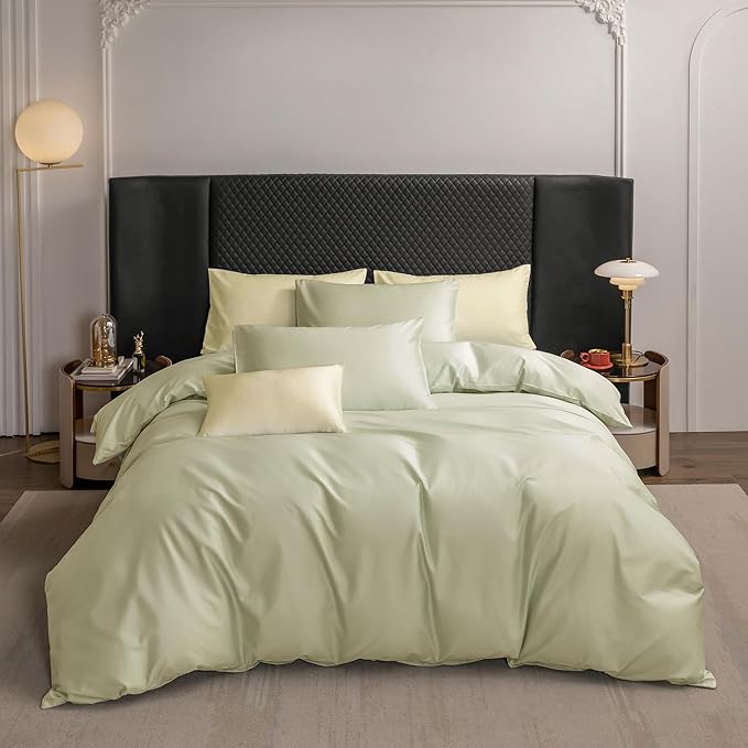 MooMee Duvet Cover Set 100% Extra Long Staple Cotton 600 Thread Count Silky Sateen Smooth Luxury Soft Breathable Durable Hotel Quality Bedding, 3 Pieces (Mint Green, King 104"x90")