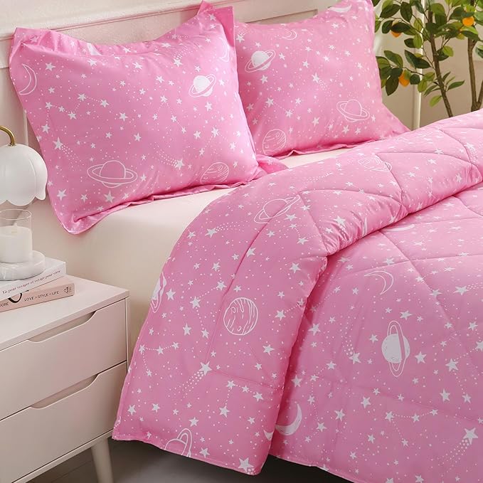 JSD Gradient Pink Stars Kids Comforter Set Full Size, 3 Piece Space Theme Girls Printed Microfiber Bedding Set, Machine Washable