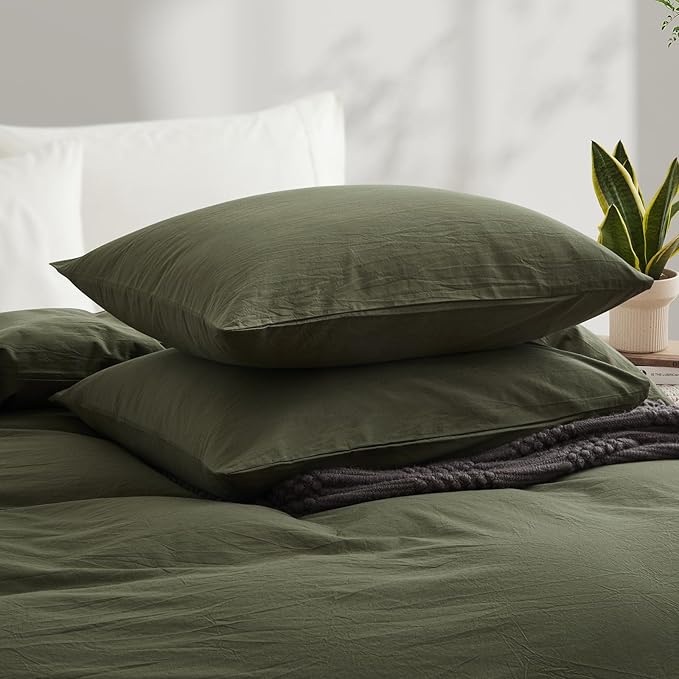 LOVQUE Olive Green Cotton Duvet Cover Queen Size, Linen Like Natural Bedding Set with Zipper Closure (No Comforter), 90x90 Inches