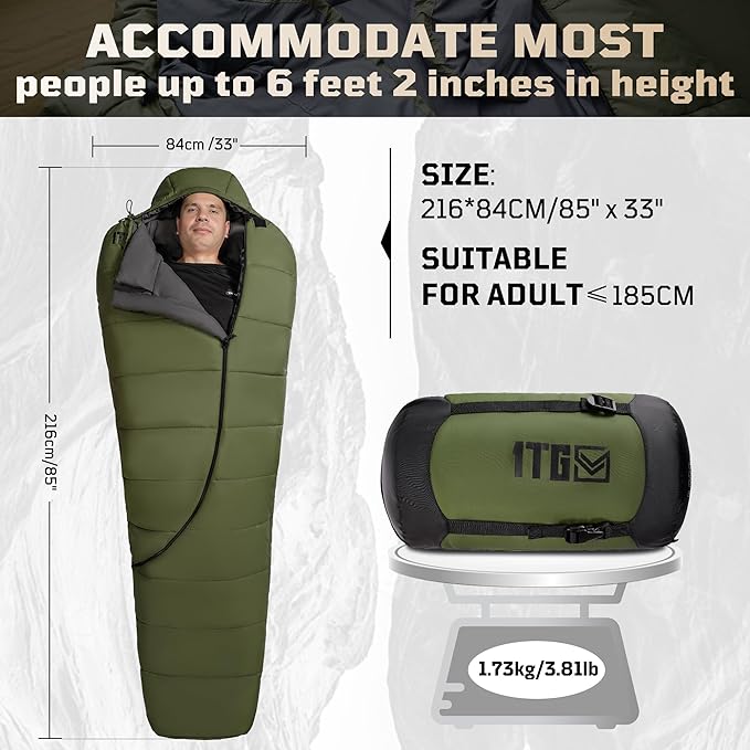 Sleeping Bag for Adults, 25-36℉Cold Weather Mummy Sleeping Bag, Lightweight 3–4 Season Winter Sleeping Bag with Adjustable Hood, Phone Pocket & Compression Sack for Camping Hiking Backpacking