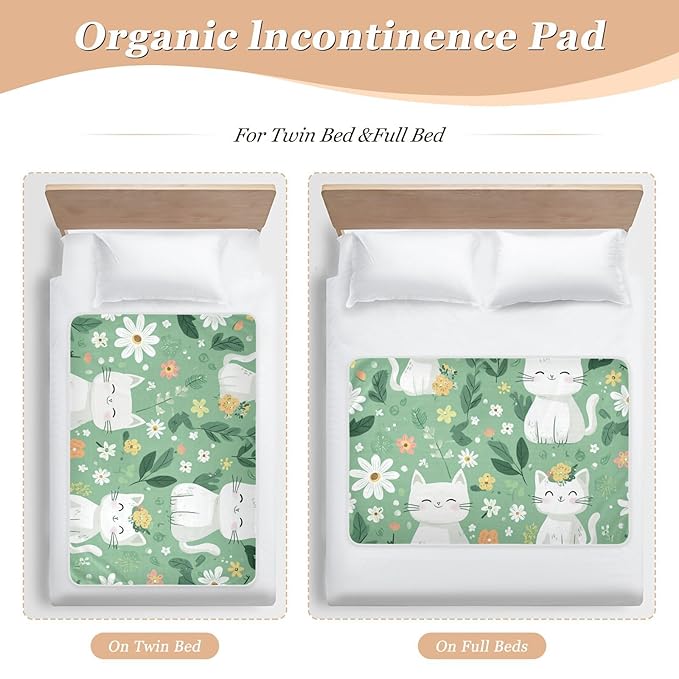 Waterproof Bed Pad Reusable Changing Pad Toddler Mattress Protector Large Pee Pad Baby Diaper Pad Soft Washable Liner Green Cute Cats and Flowers