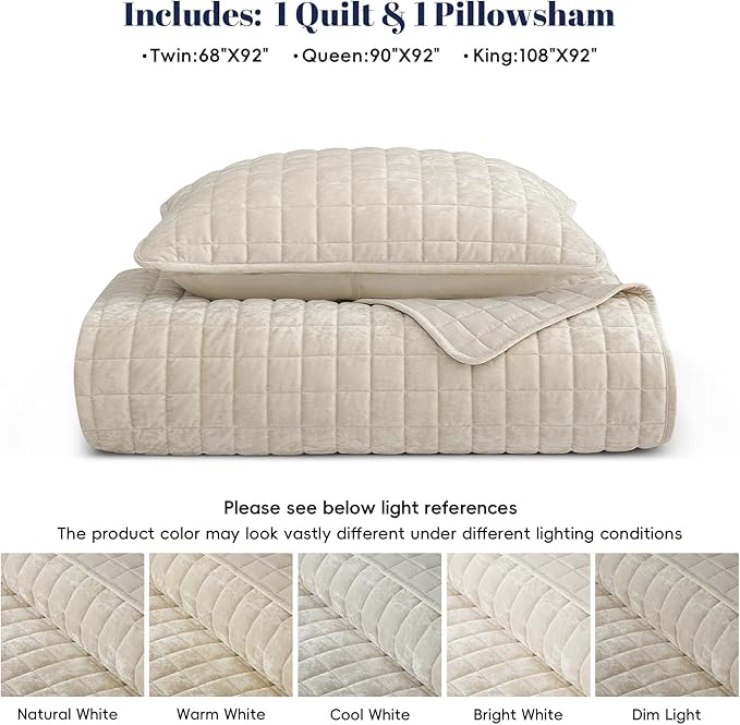 PHF Luxurious Velvet Quilt Set Twin Size – 2PCS Super Soft Quilted Comforter Alternative with Square-Box Quilt Pattern, Warm Quilted Bedspread Coverlet, 68" x 92", Sand