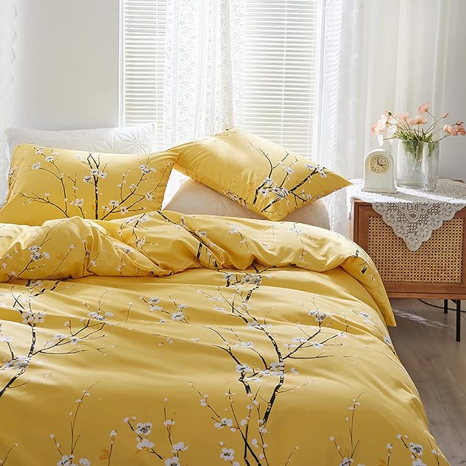 WONGS BEDDING Yellow Floral Duvet Cover Set Queen, 3 Pieces Flower Plum Blossom Printed Bedding Set with 2 Pillowcases, Botanical Branch Comforter Cover Set Queen Size 90"X90"(Not Comforter)