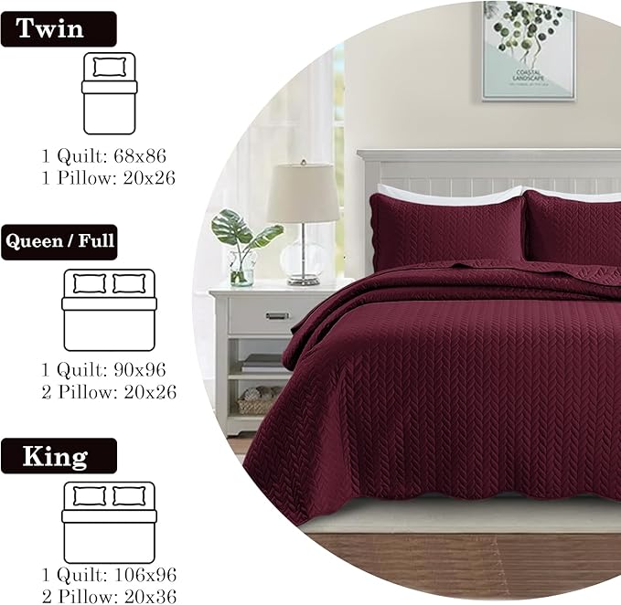 MOONLIGHT20015 8 Pack Quilt King Size Bedding (106" x 96") - Bulk Wholesale for Hotels, Guest Bedroom & Airbnbs - Lightweight Microfiber Reversible Embossed Quilts Bedspread (Burgundy)