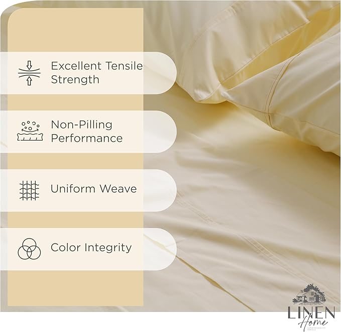 Linen Home 100% Cotton Percale Sheet Set, Cal King Size, Ivory, Deep Pocket, 6 Pieces Set - 1 Flat, 1 Deep Pocket Fitted Sheet and 4 Pillowcases, Crisp Cool and Strong Bed Linen