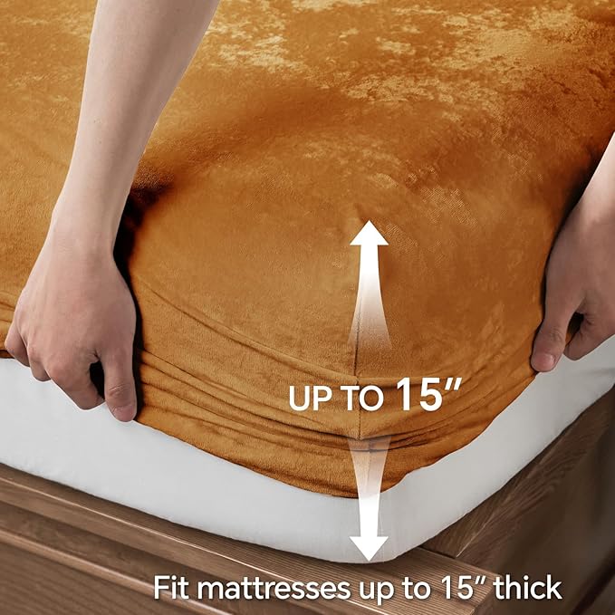 BEDELITE Velvet Fitted Sheet and Pillowcase Set, Luxury Soft Fuzzy Bottom Sheet with Reinforced Elastic Corner Straps, Deep Pocket up to 15", 1 Fitted Sheet and 1 Pillowcase (Twin XL, Burnt Orange)