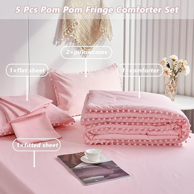 PERFEMET 5 Pcs Pink Pom Pom Comforter Twin Size Aesthetic Boho Pom Fringe Bedding Set with Sheet Ultra Soft Lightweight Farmhouse Bedding Quilt Set for Girls Kids(Pink, Twin)