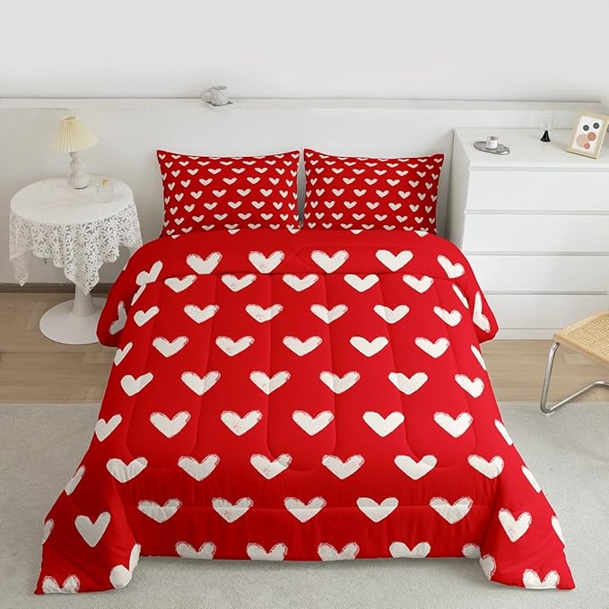 Red White Comforter Set Twin Size Cute Heart Pattern Bedding For Kids Boys Girls Valentine Day Gift Quilt Cartoon Love Geometric Duvet Insert Love Heart Soft Warm Bedding Sets Bedroom Decor 2Pcs