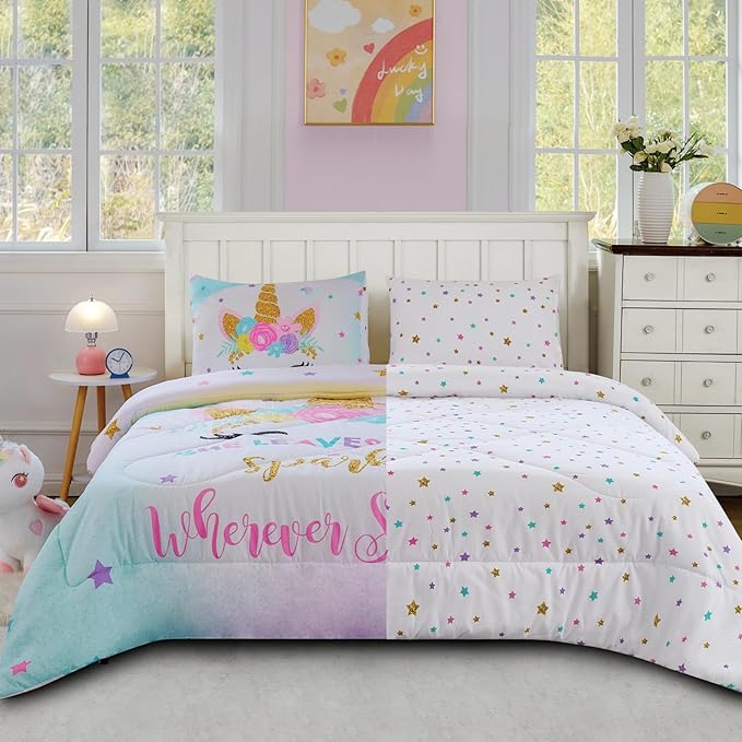 Cokouchyi Twin Size Comforter Set for Girls, 6-Piece Bed in a Bag, 3D Colorful Unicorn Bedding Comforter Sheet Set, Ultra Soft and Fluffy, Pink & Rainbow Color