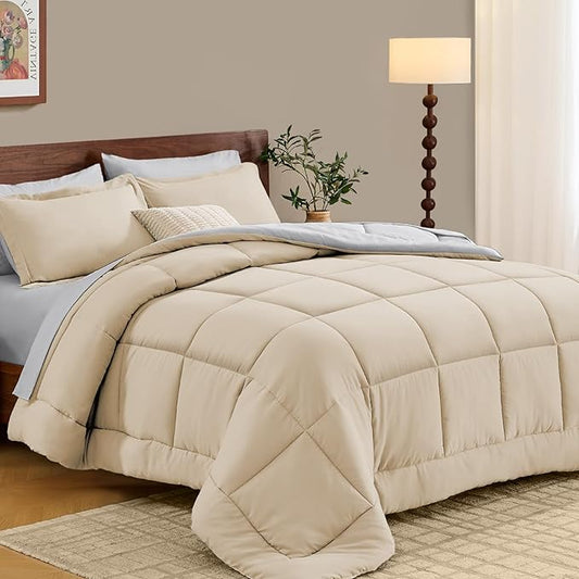 FUANNA Queen Comforter Set 7 Pieces, Reversible Bed in a Bag with All Season Soft Comforter, Bedding Sets Includes Comforter, Flat Sheet, Fitted Sheet, Pillowcases & Shams, Beige & Light Grey