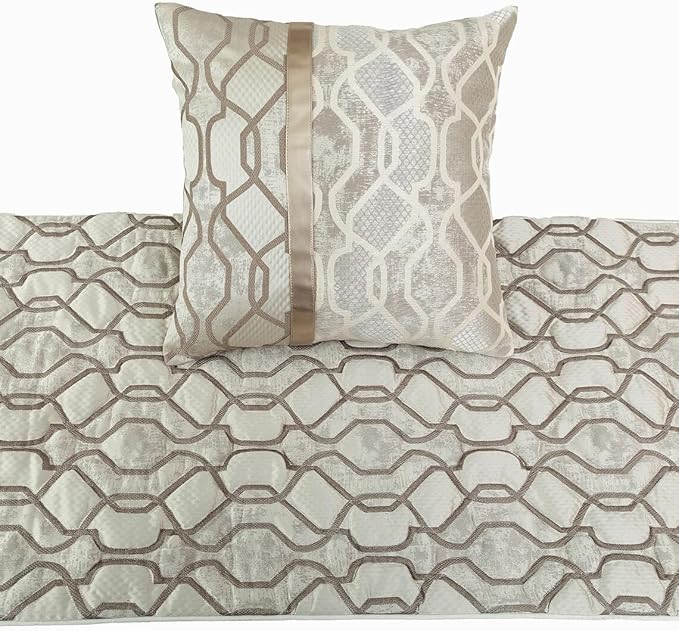 The HomeCentric King/Queen/Twin Ivory & Silver Decorative Full 68"x18" Bed Runner with 2 Pillow Cover, Lattice & Quilted Bed Scarf on Jacquard Silk Fabric - Ivory Delicacy