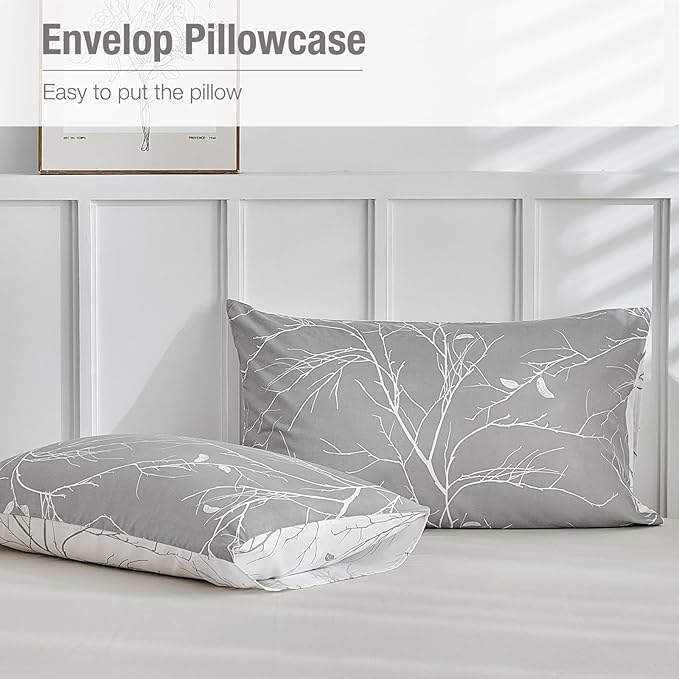 Lekesky Reversible Duvet Cover Queen Size, Grey White Branch Comforter Cover Queen 3pcs Microfiber Botanical Bedding Set with Zipper Closure Corner Ties