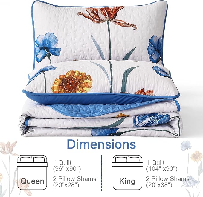 WONGS BEDDING Blue Quilt Set King Size,Cute Floral Botanical Bedspread Bedding Set with 2 Pillowcase,Lightweight Farmhouse Coverlet Set for All Season (104"x90")