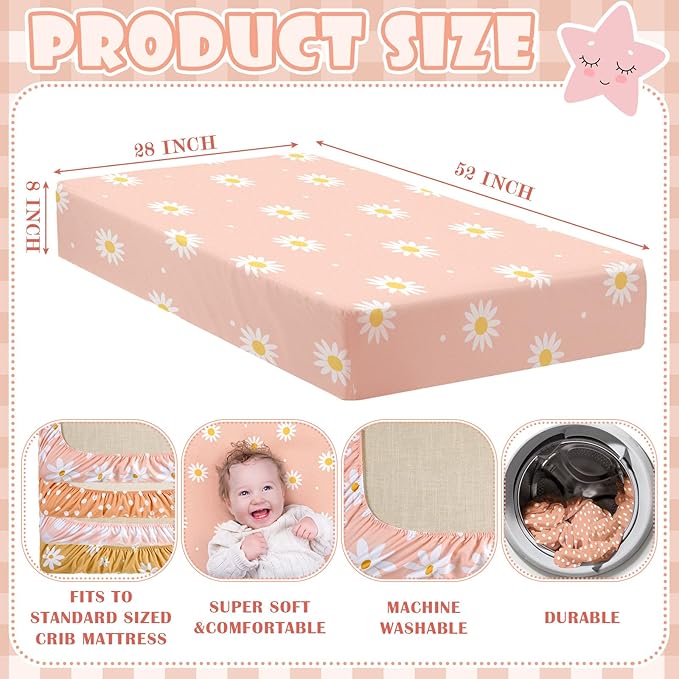 Peryiter 4 Pack Crib Sheets Girl Soft Baby Bed Sheet Set 52'' x 28" Nursery Crib Sheets for Standard Bed for Nursery Decor Baby Boys or Girls(Yellow,Daisy)