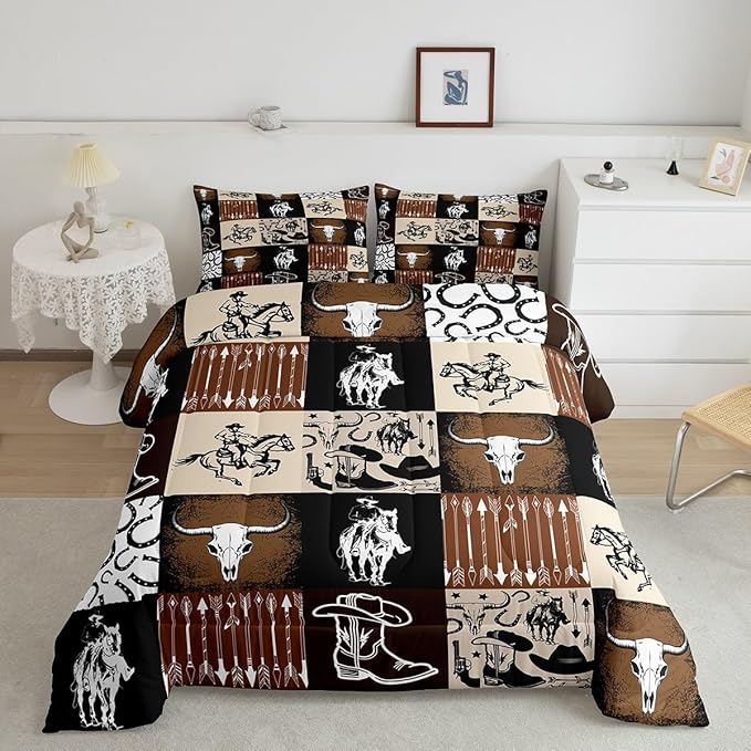 Western Cowboy Comforter Set Kids Teens Vintage Farmhouse Bedding Set Retro Brown Western 3D Geometric Quilt Set Bedroom Decoration King Size 1 Comforter Set 2 Pillowcases