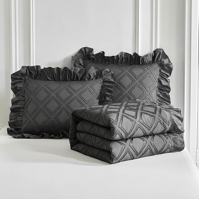 Tufted Grids Ruffle Comforter Set Full/Queen Size, 3 Pieces Dark Grey Vintage Farmhouse Shabby Chic Comforters, Jacquard Boho Bohemian Bedding Set for All Season (1 Ruffled Comforter+ 2 Pillow Shams)