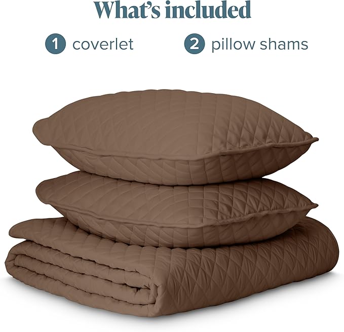 Bare Home Coverlet Set - Full/Queen - Lightweight Bed Decor - Comforter Alternative - All-Season Quilted Bedspread (Full/Queen, Cocoa)
