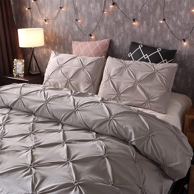 Feelyou Pinch Pleated Duvet Cover Sets Full, Grey Soft Luxury Pintuck Tufted Polyester Bedding Set with 2 Pillow Shams, Decorative Solid Geometric Comforter Cover Zipper, 3 Pcs