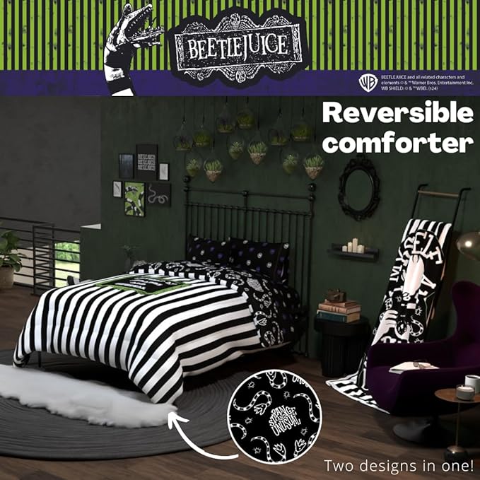 Franco Collectibles Beetlejuice Halloween Striped Bedding 5 Piece Super Soft Reversible Comforter and Sheet Set, Queen, (Officially Licensed Product)