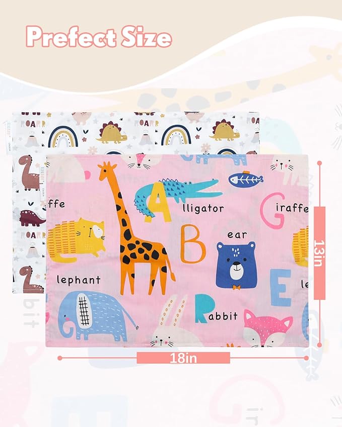 ALVABABY Toddler Pillowcases 2 Pack Organic Cotton Kids Pillow Cover Fit 13"x 18" or 12"x24" Envelope for Girl Boy Sleepy Travel