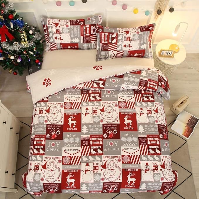 Feelyou Christmas Duvet Cover Set King Size, Kids Xmas Holiday Comforter Cover Santa Claus Print Bedding Set, Girls Boys Teen Snowman Snowflake Elk Reindeer Deer Home Decor Bedspread Cover Red