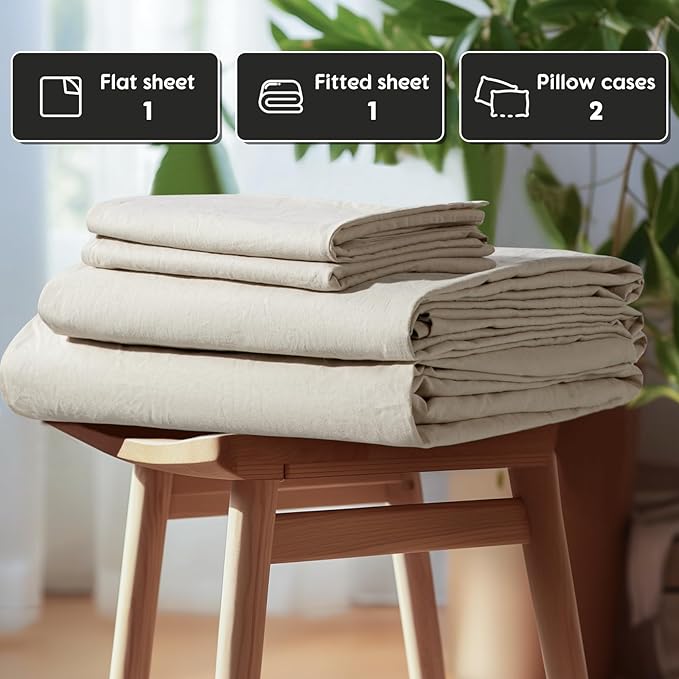 SONORO KATE 100% French Pure Linen Sheets, Extra Deep Pocket up to 18"-24", Breathable and Durable Linen Sheets, Anti-Tear Linen Bed Sheets, Machine Washable - 4 Piece (Natural Linen, Queen(24"deep))