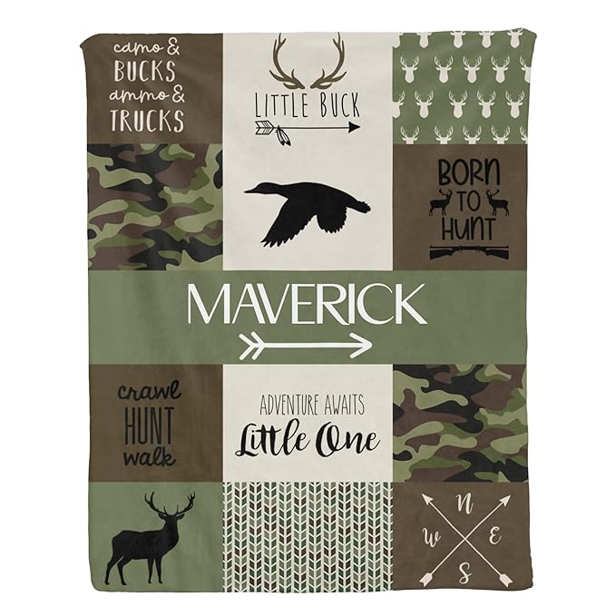 Personalized Baby Blankets for Boys, Baby Blanket for Boys with Name, Soft Plush Receiving for Newborns - Essential Baby Items, Camo Woodland Bear 35x45 Inches