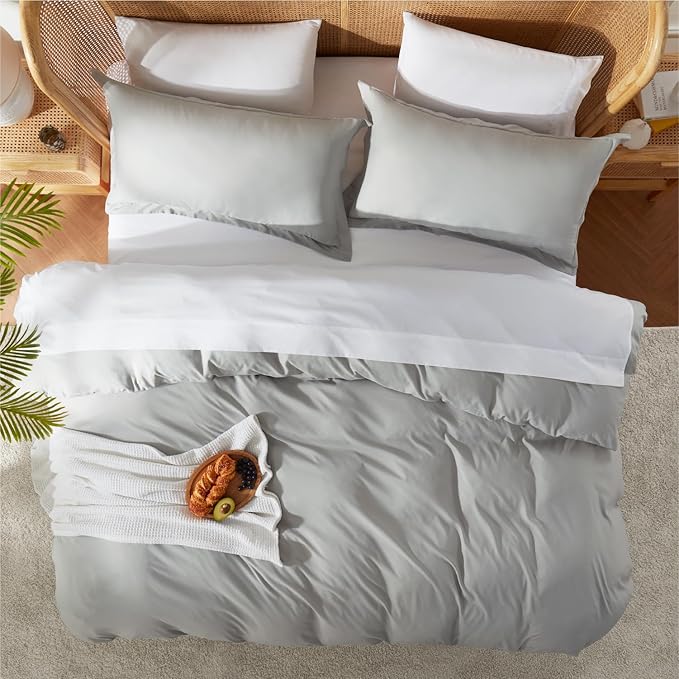 Nestl Light Grey Duvet Cover Queen Size - Soft Double Brushed Queen Duvet Cover Set, 3 Piece, with Button Closure, 1 Duvet Cover 90x90 inches and 2 Pillow Shams
