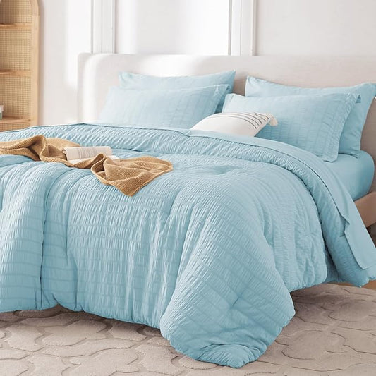 MUXHOMO 7 Pieces Full Comforter Set, Seersucker Bed in a Bag Full Size, All Season Luxury Bedding Set with Comforter, Flat Sheet, Fitted Sheet, Pillowcases & Shams, Lake Blue