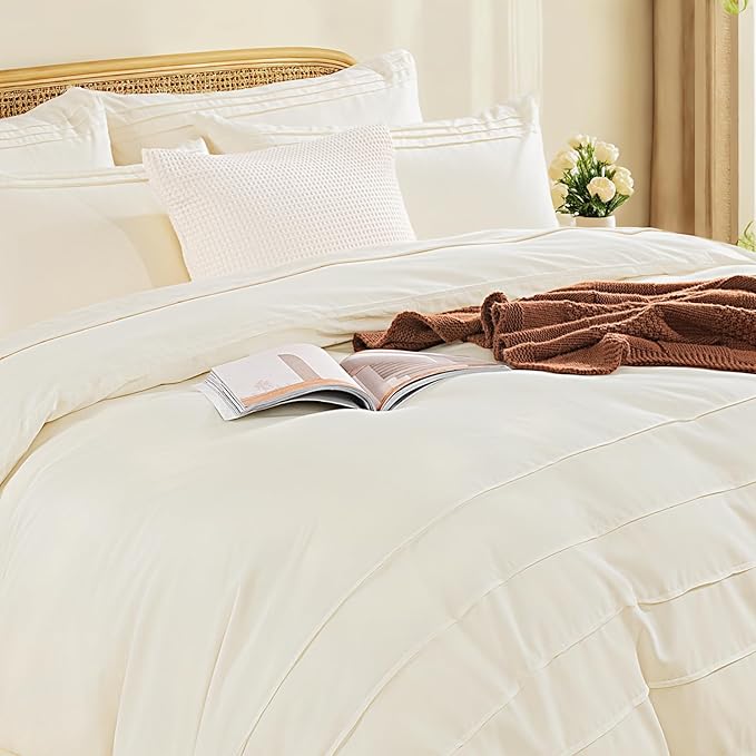 NEXHOME PRO 100% Organic Cotton Duvet Cover King, Linen Like Pleated Textured Ivory Duvet Cover Set, 3pc Bedding Set with Zipper Closure, Soft, Lightweight and Breathable,104"x90", No Comforter