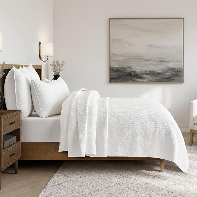 EVERGRACEHOME Cross Stitch Pre-Washed Cotton Quilt Bedding Set King Size, Oversized 3 Pieces Lightweight Bedspread Coverlet for All Season, with 2 Matching Shams, Bright White,108"x96"