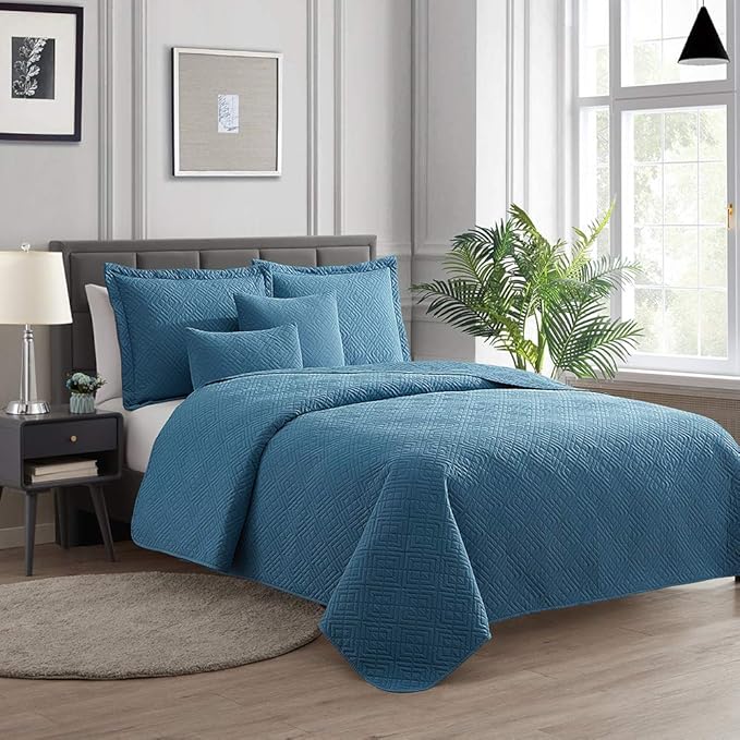 Hearth & Harbor Quilts Queen Size - All Season Bedspread Coverlet Set, Pinsonic Weave Lightweight Bedding Set - 7 Piece Queen Quilt Set with Pillow Shams, Diamond - Blue Heaven