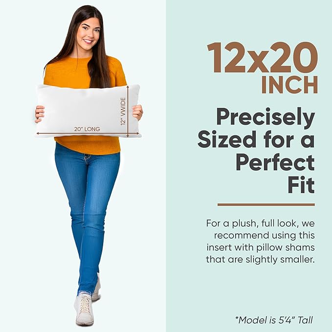 Pillowflex Synthetic Down Pillow Insert - 12x20 Down Alternative Pillow, Ultra Soft, Small Rectangle, Lumbar, Travel, Neck, Sleeping Pillow - 1 Decorative Pillow Form