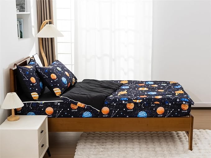 NTBED Galaxy Printed Zipper Bedding Sets Full Lightweight Microfiber Universe Comforter Sets with Fitted Sheet Pillow Covers,Navy Blue