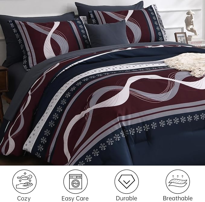 Anibedding Striped Comforter Set King Size,8 Pieces Bed in a Bag Blue Red Patchwork Bedding Sets,Boho Soft Microfiber Bedding Set for All Season(104"×90")
