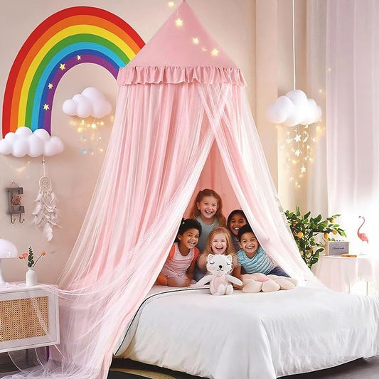 Kertnic 31.5inch Large Dome Bed Canopy for Girls, Double Layer Dreamy Ruffle Princess Canopy, Bedroom Hanging Tent Kids Reading Nook Canopies,Full Queen Bed Canopy Curtain (Beige Pink)