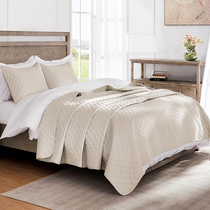 Exclusivo Mezcla Reversible Full Queen Quilt Bedding Set with Pillow Shams, Lightweight Quilts Queen Size, Soft Bedspreads Bed Coverlets for All Seasons - (Brich Beige, 90"x96")