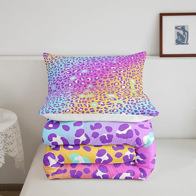 Girls Colorful Leopard Comforter Women Cheetah Print Bedding Set Girly Modern Leopard Print Comforter Set for All Seasons Kids Boys Safari Animal Print Quilt Duvet Set Room Decor King Size Boys