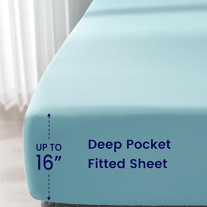 Fluffy Comforter Queen Set, 7 Pieces Pinch Pleat Design Bedding Set, Down Alternative Comforter with 2 Pillow Shams, 2 Pillowcases, 1 Flat Sheet, 1 Fitted Sheet (Stone Blue Pinch Pleat, Queen)