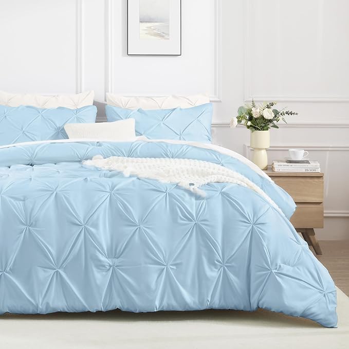 Andency Light Blue Pinch Pleat Comforter Full(79x90Inch), 3 Pieces(1 Down Alternative Comforter and 2 Pillowcases) Light Blue Bed Set Microfiber Pintuck Bedding Set