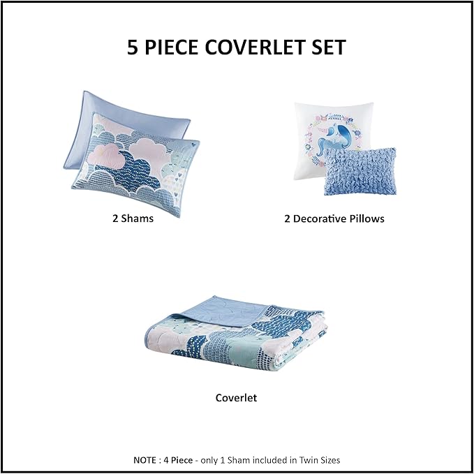 Intelligent Design Kids Reversible Cotton Quilt Set - Vibrant Fun, Playful Print, All Season Children Bedding Coverlet Bedspread, Decorative Pillow, Bedroom Décor, Twin, Cloud Blue 4 Piece