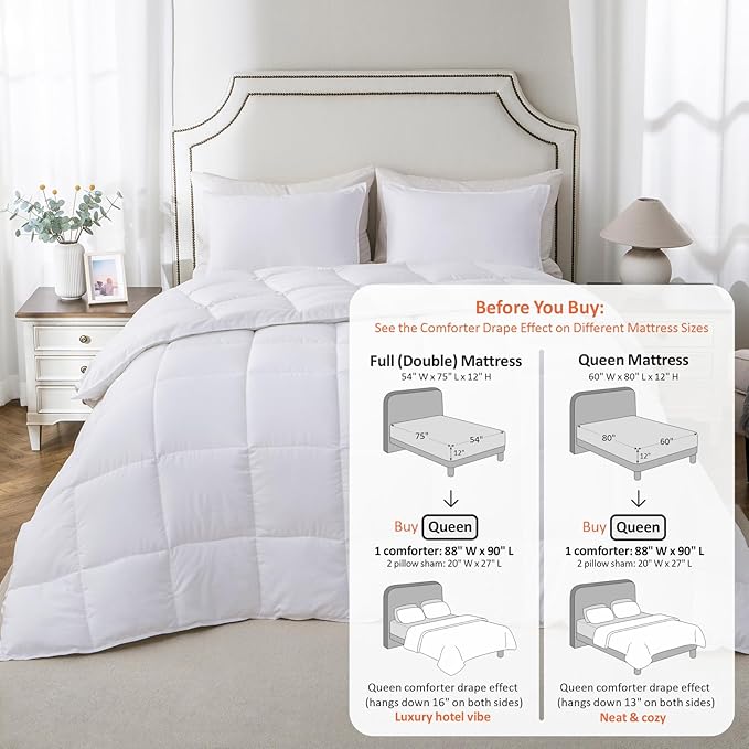 KASENTEX Queen Comforter Set – Reversible Dual Color – Goose Down Alternative – Ultra-Soft, Lightweight, Machine Washable, Maintain Fluffiness, All Season Warmth (White)