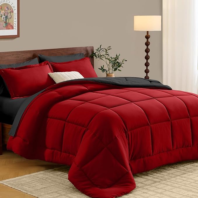 FUANNA Twin Comforter Set 5 Pieces, Reversible Twin Size Bed in a Bag with All Season Premium Comforter, Bed Sets Includes Comforter, Flat Sheet, Fitted Sheet, Pillowcase & Pillow Sham, Red & Black